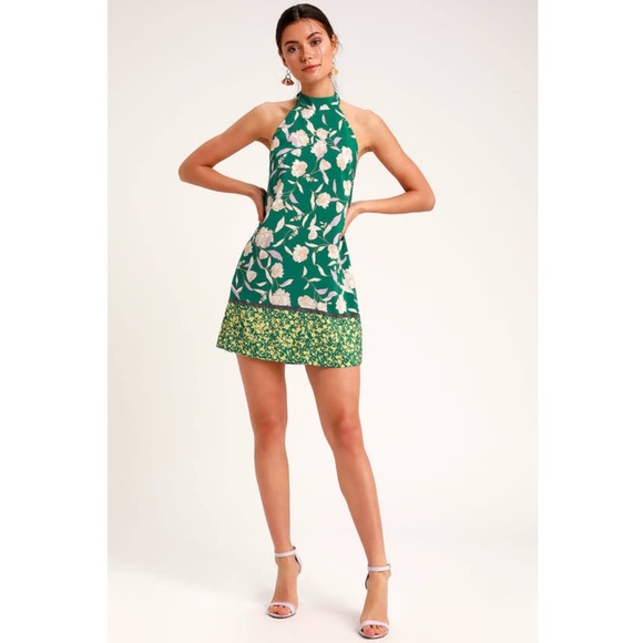 Lulus Dresses & Skirts - Lulus Green Floral Print Sheath Halter Dress Small